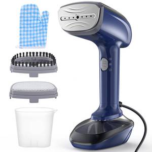 lot 18666 image: Powerful Handheld Fabric Steamer - 1800W with Fast Ceramic Heat-Up Plate, 2-in-1 Ironing & Wrinkle Remover, Steam Nozzle, Lint Brush - Blue, for US 120V Only