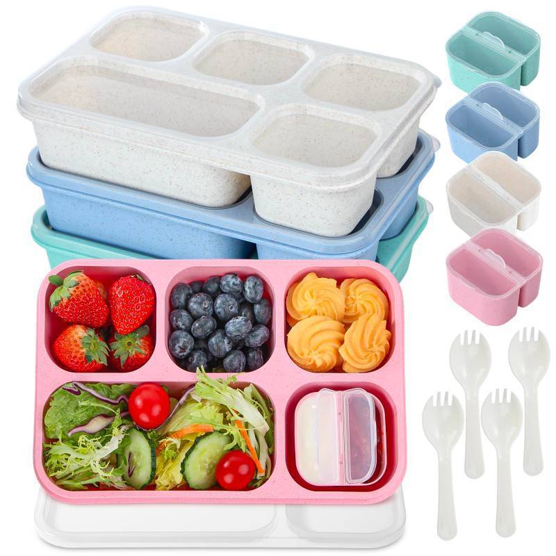 lot 20179 image: Lunbxx Snack Box Containers for Adults - 4 Pack Bento Lunch Box for Adult &amp Kids, 5 Compartment Adult Lunchable Containers with Utensils, Sauce Jar, 44 Oz1300ML Large Size (Wheat)