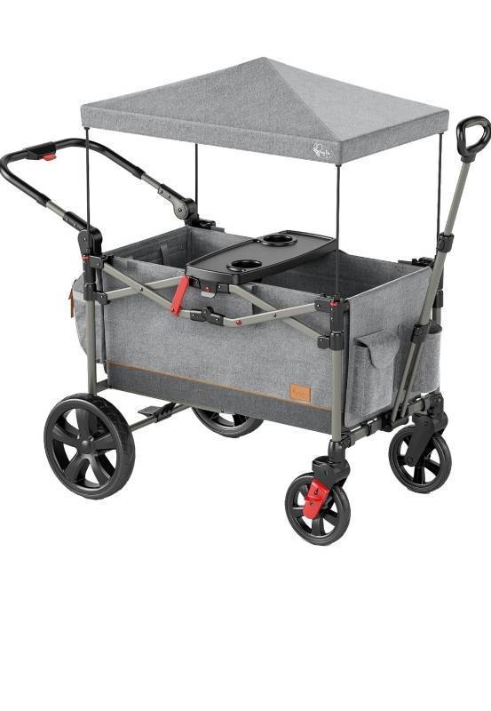 lot 20300 image: Busy Bee Foldable Wagon Stroller for 2 Kids, Push Pull Collapsible Kids Wagon with Adjustable Handle Bar, Removable Canopy, 5-Point Harness, Shock-Absorbing Wheels, Grey - Retail $299.99