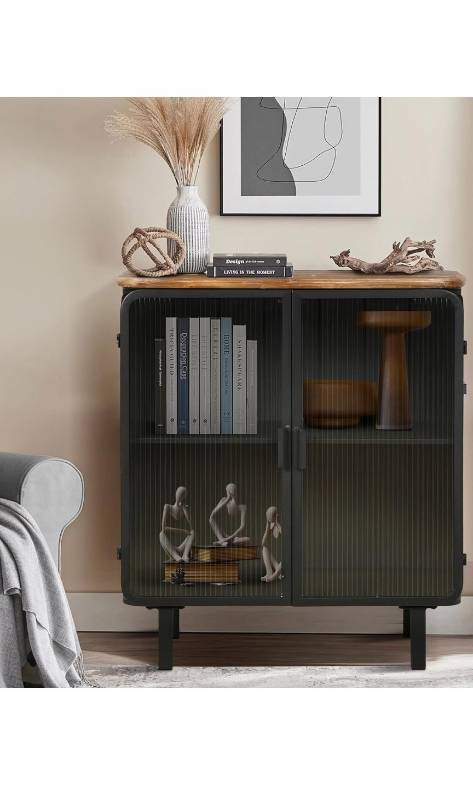 lot 20299 image: Black Metal Storage Cabinet for Entryway with Slim Glass Doors and 2-Tier Shelves,Metal Sideboard for Kitchen Living Room Buffet Sideboard 28 inch
