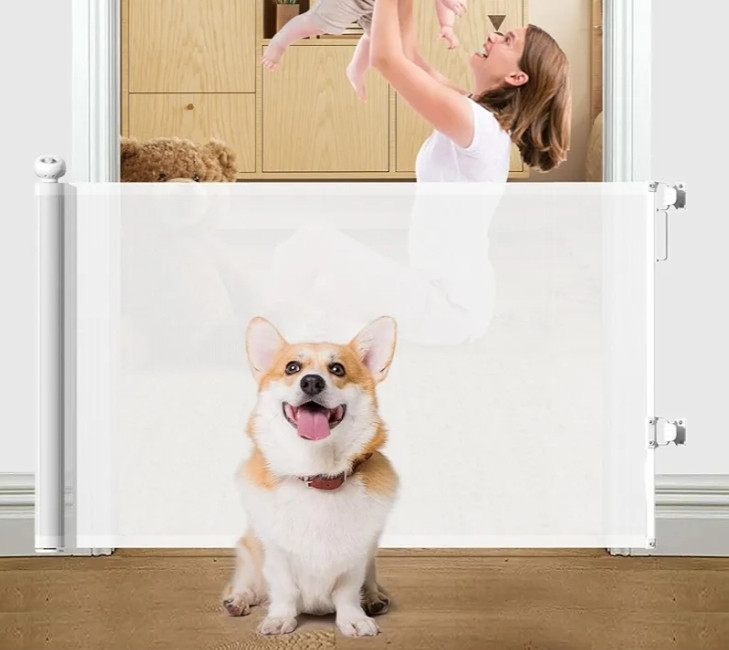lot 74167 image: Premium Retractable Baby and Pet Gate - 33 Tall, Expands up to 55, Ensuring Safety for Kids and Pets, Mesh Safety Gate for Stairs, Indoor, Outdoor, Doorways, Hallways (White)
