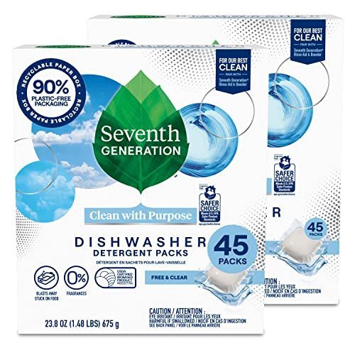 lot 41168 image: Seventh Generation Dishwasher Detergent Packs for Sparkling Dishes Free & Clear Dishwasher Tabs 45 Count, Pack of 2 (Packaging May Vary)