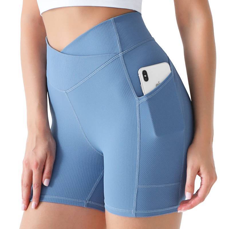 lot 97176 image: Desol 5 Cross Waist Biker Shorts with Pockets, Ribbed Women Yoga Shorts, Soft Tummy Control Tight Shorts for Gym Athletic, Large