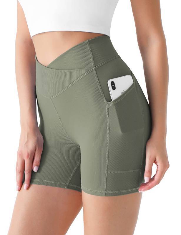 lot 97185 image: Desol 5 Cross Waist Biker Shorts with Pockets, Ribbed Women Yoga Shorts, Soft Tummy Control Tight Shorts for Gym Athletic, Large
