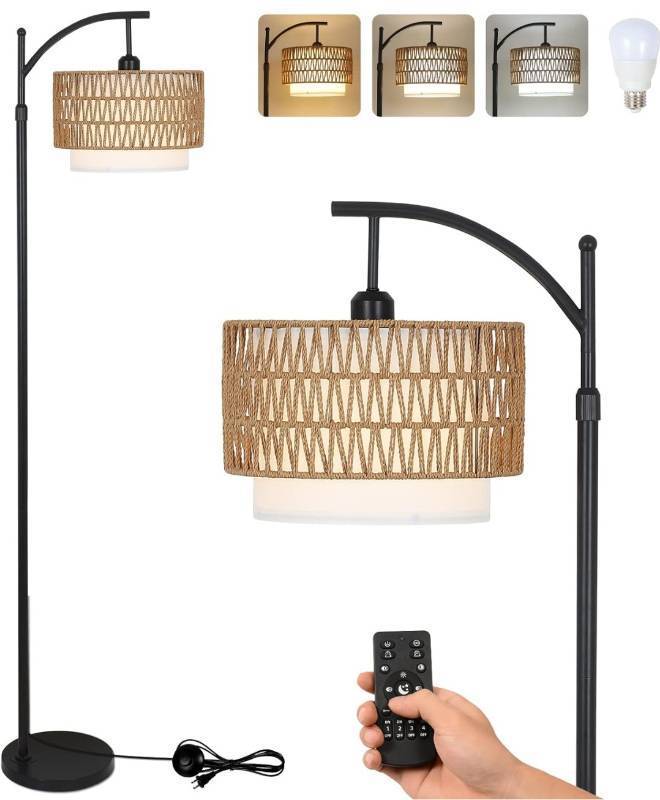 lot 29012 image: Arc Floor Lamp for Living Room with 3 Color Temperatures, Farmhouse Floor Lamps with Remote & Dimmable Bulb, Boho Standing Lamp with Rattan & Fabric Shades, Adjustable Tall Lamp for Bedroom, Office
