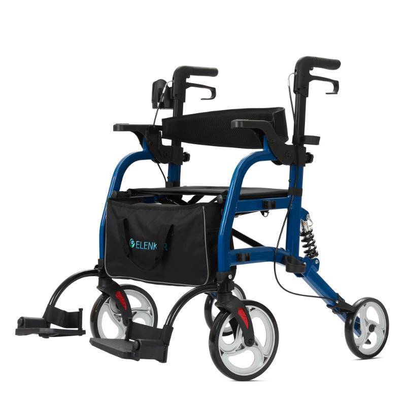 lot 42806 image: ELENKER 2 in 1 Rollator Walker & Transport Chair for Seniors, Folding Rolling Walker Wheelchair Combo with Wide Seat and Shock Absorber, Blue
