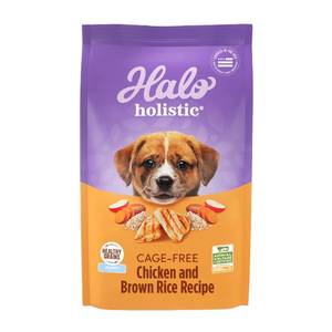 lot 63803 image: Halo Holistic Dog Food, Complete Digestive Health Cage-Free Chicken and Brown Rice Recipe, Dry Dog Food Bag, Puppy Formula, 10-lb Bag