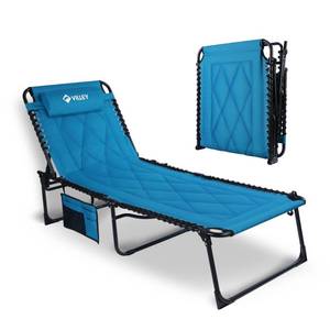 lot 63889 image: VILLEY Oversized Padded Chaise Lounge with Cushion, Foldable Camping Cot, Patio Reclining Lounge Chairs, Folding Sleeping Bed for Outdoor, Indoor, Backyard, Garden, Camping, Relaxing, Beach Tanning - Retail $123.08