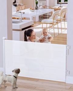 lot 63899 image: Cumbor Dog Gate Retractable Baby Gates for Doorways, Family & Moms Choice Awards Winner- 55 Wide Mesh Pet Gate for Dogs, 34 Tall Safety Gates for The House,Puppy Gate Indoor & Outdoor, White