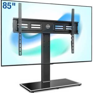 lot 64211 image: FITUEYES Universal TV Stand with Swivel Mount for 50-85 inch Flat Screens - Height Adjustable Tempered Glass Base Holds up to 143 lbs - Retail $141.05