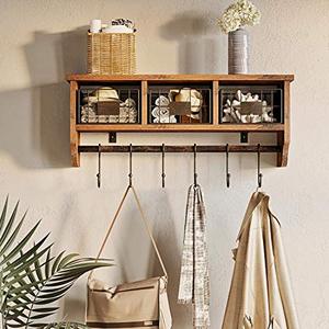lot 64233 image: Rolanstar Wall Mounted Shelf with Hooks, Entryway Organizer Shelf with Storage Basket, Wall Mount Coat Rack with 6 Hooks, Hanging Shelf for Living Room,Bathroom,Kitchen,Rustic Brown