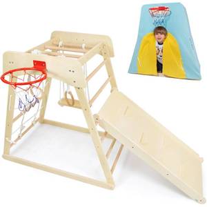 lot 64235 image: Toddler Climbing Toys Indoor 10-in-1 Montessori Jungle Gym Beech Indoor Playground Wooden Climber Playset Rock Ladder Monkey Bars Ring Swing Ball Frame Puzzle and Tent for Toddler Kid Baby 1-3 - Retail $179.99