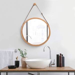lot 64246 image: Hanging Round Wall Mirror in Bathroom & Bedroom - Solid Bamboo Frame & Adjustable Leather Strap, Makeup Dressing Home Decor (Bamboo Natural, 15)