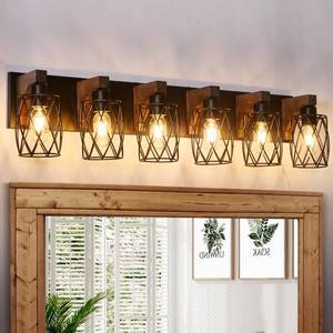 lot 63386 image: 6-Light Farmhouse Bathroom Light Fixtures, Wood Bathroom Lighting Fixtures Over Mirror, Black Vanity Light Fixture with Cage Metal Shade, Vintage Rustic Vanity Light for Bathroom, Hallway - Retail $140.88