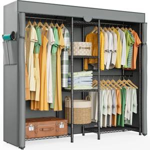 lot 63393 image: LEHOM G6C Heavy Duty Wire Garment Rack with Gray Oxford Fabric Cover - Adjustable Compact Closet Storage Clothing Rack for Bedroom - Retail $172.14