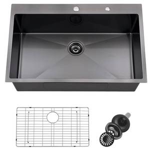 lot 63409 image: 33 Inch Drop In Black Kitchen Sink, Doirteal 33 x 22 x 10 Inch 16 Gauge Stainless Steel Single Bowl Kitchen Sink Topmount Kitchen Sink Single Basin With Bottom Grid - Retail $248.48