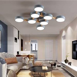 lot 63484 image: Liudefa LED Ceiling Light Fixture,44 Inch 8-Lights Modern Ceiling Lights Flush Mount Wooden 96W Chandelier for Living Room Bedroom Kitchen,Dimmable 3000K4000K6000K Temperatures Selectable, Grey - Missing Light Covers