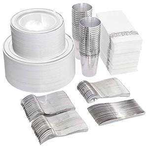lot 63487 image: 700Pcs Silver Dinnerware Set-200 Silver Plastic Plates, 300 Silver Disposable Silverware, 100 Disposable Cups 10 oz, 100 Napkins Each, White Plates with Silver Rim for Partywedding - Retail $89.73