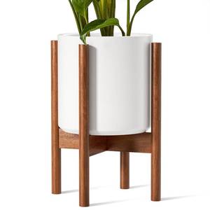 lot 63488 image: LE TAUCI 12 Inch Plant Pot with Acacia Wood Stand, Ceramic Large Planter for Indoor Plants, Mid-Century Modern Home Decor, Round Flower Pots with Drainage Hole and Adjustable Plant Holder, White - Retail $179.99