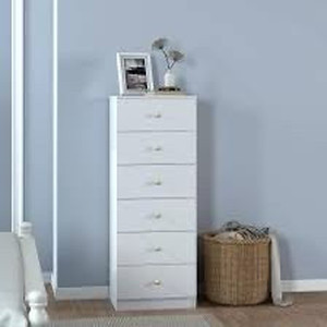 lot 63780 image: Modern 6 Drawer Vertical Dresser, Wood Tall Chest of Drawers N Arrow Storage Organizer with Wide Drawers & Metal Gold Handles for Bedroom, Living Room, Office, Hallway, Entryway