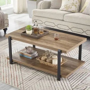 lot 63782 image: FOLUBAN Industrial Coffee Table with Shelf, Wood and Metal Rustic Cocktail Table for Living Room, Oak