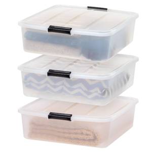 lot 63798 image: IRIS USA 33 Qt Plastic Under Bed Storage Organizer Bin Container with Secure Lids and Durable Black Buckles, 3-Pack, Multi-Purpose for Clothes Shoes Clothing Bedding, Short, Clear - Broken Handle