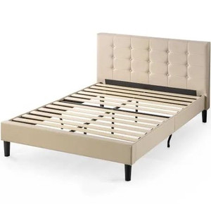 lot 63799 image: Zinus Beige Upholstered Platform Bedframe - Incomplete