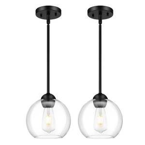 lot 63818 image: Emak 8 Inch Globe Pendant Lights Kitchen Island, Modern Black Pendant Light with Clear Glass Shade, 2 Pack Hanging Light Fixture for Kitchen, Bedroom, Bar, PL121-BK-2PK - Retail $89.99