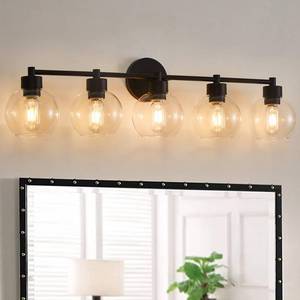 lot 64101 image: Bathroom Light Fixtures, Matte Black Vanity Light 5 Light, Bathroom Lights Over Mirror with Globe Glass Shade and Metal Base, Vanity Lights for Bathroom, Stairs, Kitchen - Retail $118.16