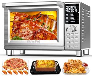 lot 64157 image: Nuwave Bravo Pro Smart Toaster Oven Countertop, True Air Fryer Combo wImproved 100% Convection, 35% Crispier, 112 Presets, Customizable Pizza Zones, Integrated Probe, PFAS Free, 30QT, Stainless Steel - Retail $185.01
