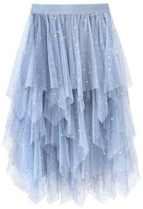 lot 63908 image: Reaowazo Tulle Skirts for Women Midi Long Fairy Skirt Tutu A-Line Mesh Layered High Elastic Waist Halloween Skirts Blue Sequin One Size