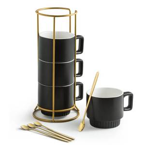 lot 63910 image: Miamolo Stackable Coffee Mugs with Stand, 11oz Ceramic Latte Cup Set of 4 for Espresso Cappuccino Tea Hot Cocoa, Dishwasher & Microwave Safe, Black