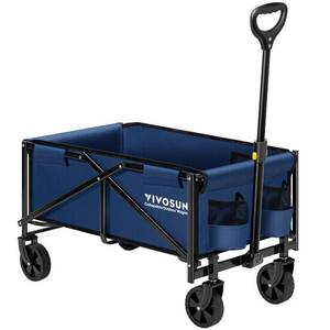 lot 63913 image: VIVOSUN Collapsible Folding Wagon, Outdoor Utility with All-Terrain Wheels, Adjustable Handle, Cup Holders & Side Pockets, for Camping, Shopping, Garden, 210Lbs Capacity, Blue - Retail $80.01