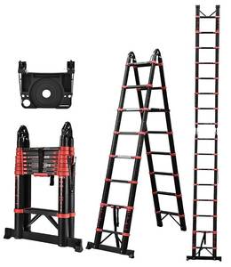 lot 63914 image: HBTower Telescoping Ladder, 12.5 FT A Frame Ladder, Compact Aluminum Extension Ladder Portable Collapsible Ladder with Stabilizer Bar RV Ladder for Outdoor Camper Trips Motorhome, 330lb Capacity, Red - Retail $122.58