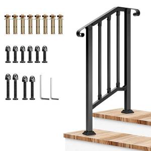 lot 63916 image: VIVOSUN Outdoor Handrail, 2 Step Stair Handrail, 26 x 36 Fits 1 to 2 Steps, Wrought Mattle Iron Stair Railing with Curved Ends and Balusters for Concrete Steps, Porch Steps, One-step Assembly, Black - Retail $78.28