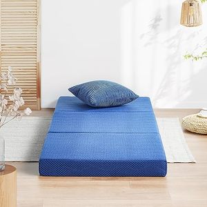 lot 63919 image: Olee Sleep Tri-Folding Memory Foam Mattress Topper, 4 Inch Gel Folding Mattress for Camping, Foldable Guest Bed, Washable Cover, CertiPUR-US Certified, Soft, Blue, Cot Size - Retail $85.64
