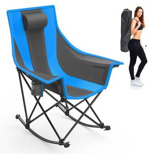 lot 63924 image: LUBBYGIM Oversized Folding Rocking Camping Chair, Portable Outdoor Rocker with High Back & Cup Holder & Carry Bag for Patio Garden Lawn Picnic, Supports 300lbs - Retail $77.01