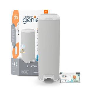 lot 63930 image: Diaper Genie Platinum Pail (Stone Grey) is Made in Durable Stainless Steel and includes 1 Easy Roll Refill with 18 Bags That can Last up to 5 Months.