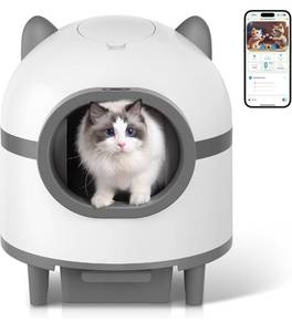 lot 63936 image: Self Cleaning Cat Litter Box, Large Automatic Cat Litter Box for Multiple Cats with APP Control Odor Removal Safety Protection 2 Rolls Garbage Bags, White &amp Grey - Retail $329.99
