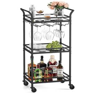 lot 63947 image: VASAGLE Bar Cart, Home Bar Serving Cart, Small Bar Cart with 3-Tier Shelf, Wine Holders, Glass Holders, Mini Bar Cart for Small Spaces, Kitchen, Dining Room, Living Room, Ink Black