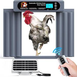 lot 63949 image: GROPOW Automatic Chicken Coop Door, Anti-Pinch Protection, Large LCD Display, Programmable Timer & Light Sensor Modes, Large Solar Powered Auto Chicken House Door Opener with Remote Control - Retail $89.94