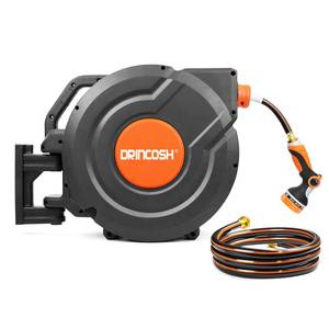 lot 64054 image: DRINCOSH 12 x 100 ft Retractable Garden Hose Reel, Wall Mounted Water Hose Reel, Any Length LockSlow Return System180°Swivel Bracket w 10-Pattern Nozzle - Retail $159.98