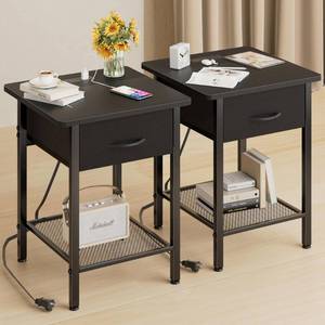 lot 64064 image: GYIIYUO Nightstands Set of 2 with Charging Station and Fabric Storage Drawer,16.5 x 15.8 Side Table with Storage for Bedroom, Bedside Tables with Steel Fram, Black - Retail $98.9