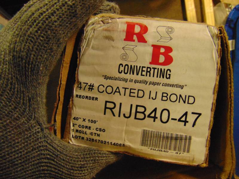 lot 1031 image: (1) roll RB Converting 47# coated IJ Bond paper RIJB40-47, 40 x 100 w 2 core