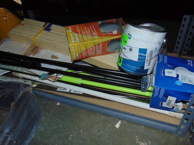 lot 1168 image: Contents of shelf tripod, bed slats, lighting hardware, door hardware and more.