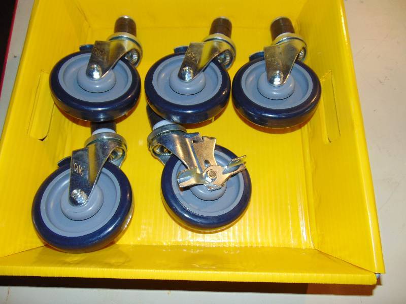lot 1191 image: (5) ct. lot cart wheels 5 diameter x 1 wide with 2-12 tall post, CHG brand, thick washer fittings included