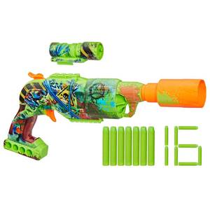 lot 1810 image: NERF Zombie Driller Dart Blaster, 16 Nerf Elite Darts, Rotating 5 Dart Cylinder, Removable Scope, Outdoor Games, Ages 8