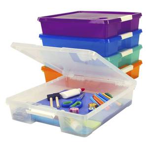 lot 1814 image: Storex Classroom Student Project Box, Plastic, 15.25 x 13.25 x 3.25 inches , Assorted Tints, 5-Pack (63202U05C), standard sized