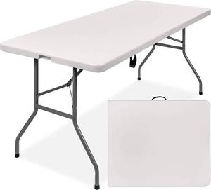 lot 1823 image: AM The America Store - Plastic Folding Table, Indoor Outdoor Heavy Duty Portable wHandle, Lock for Picnic, Party, Camping (White, 6FT). (Frame Is Detached From One Half)