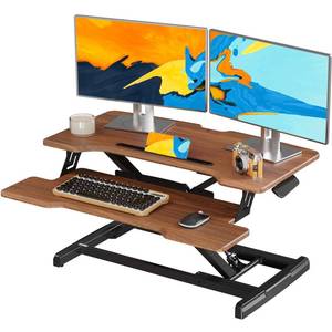 lot 1825 image: JYLH JOYSEEKER Standing Desk Converter 32 inch, Height Adjustable Sit Stand Desk Riser, Quick Sit to Stand Tabletop Dual Monitor Riser Workstation for Home Office with Keyboard Tray, Dark Wood